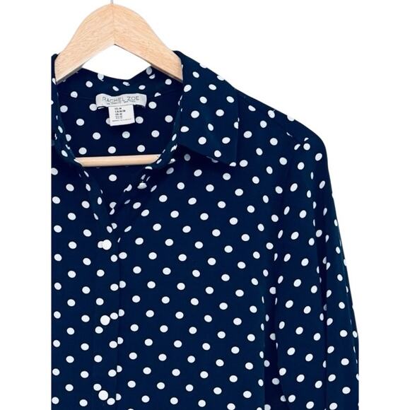 Rachel Zoe Medium Navy w White Polka Dots Stretchy Button Up Blouse Shirt - Picture 3 of 6